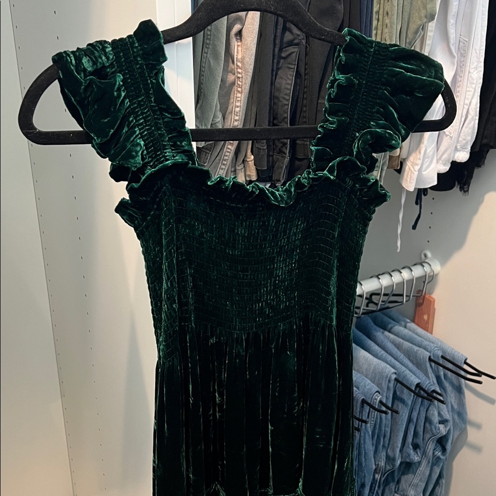 Green Velvet Ruffle Yoke Kids Dress